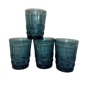 Set Of 4 World Market Blue Embossed Glass Tumblers